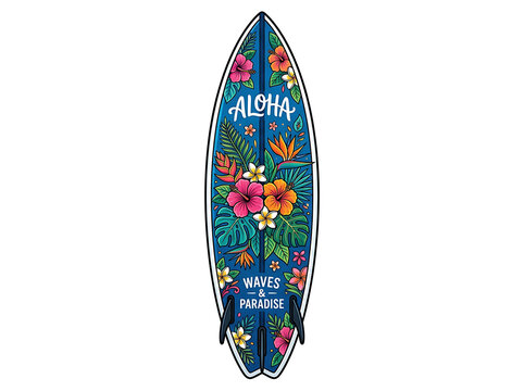 Blue surfboard with tropical floral aloha design isolated on transparent