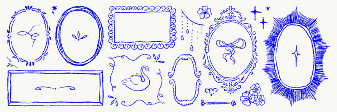 Set of hand drawn blue frame, border and element. Isolated vector shape for postcard template, decoration, photo mask or text box
