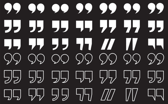Quotation marks icon set, double quote symbol vector illustration, black quote icons in line and flat style, discussion and dialog remark signs, open and close quote symbols, vector graphic on transpa