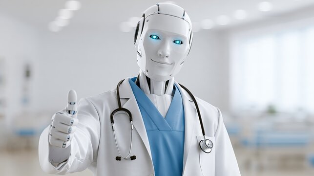 AI medical robot wearing white coat and stethoscope, thumbs up in hospital room for smart healthcare and medical technology promotion