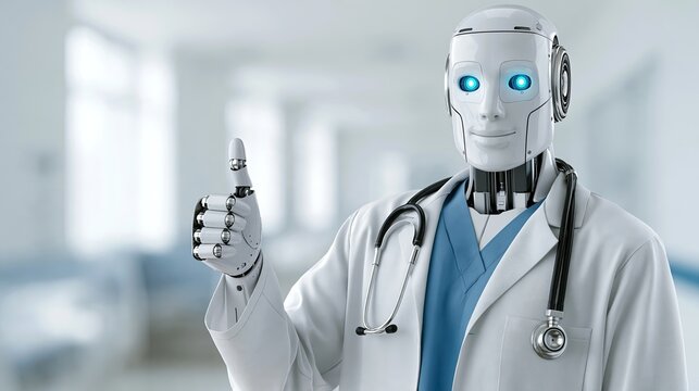 AI medical robot wearing white coat and stethoscope, thumbs up in hospital room for smart healthcare and medical technology promotion