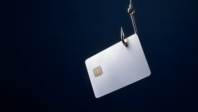 Blank white credit card with a chip hanging from a fishing hook against a dark navy background, symbolizing phishing, credit card fraud and online scam