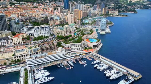 Aerial View of Monte Carlo Monaco Coastline with Luxury Yachts and Mediterranean Sea
