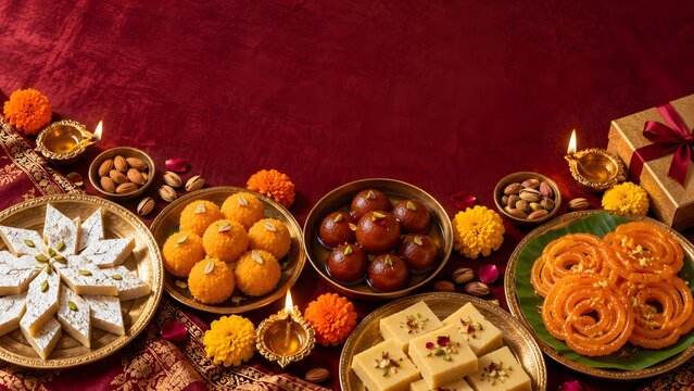 Top view of assorted Indian Diwali sweets including jalebi, gulab jamun, laddoo and barfi on decorative plates with diyas, marigolds and dry fruits on a red cloth