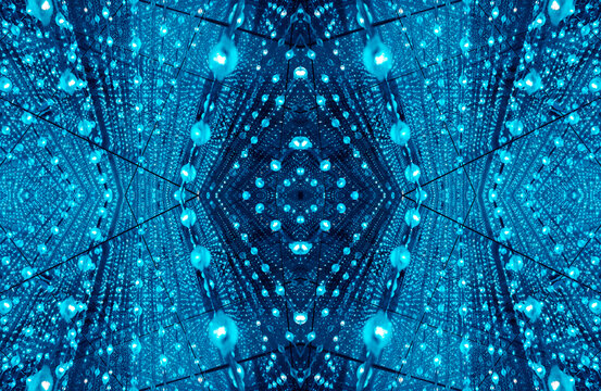 immersive space glowing geometric shapes, lights, and mirrors, geometric shapes floating nearby, abstract cosmic backdrop