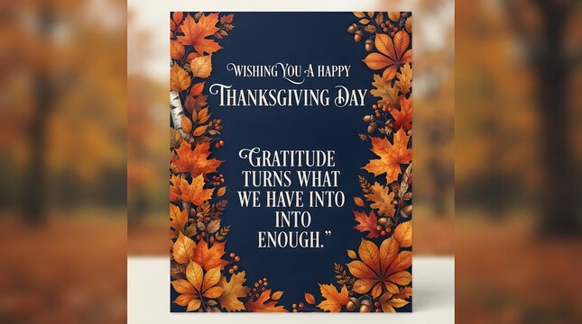 Thanksgiving card with quote and autumn leaves on dark blue
