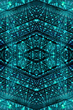 immersive space glowing geometric shapes, lights, and mirrors, geometric shapes floating nearby, abstract cosmic backdrop