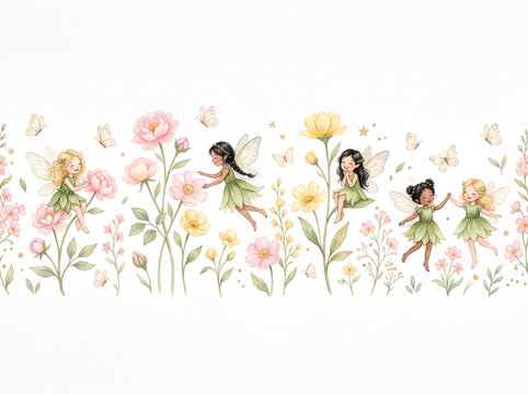 Watercolor illustration of cute fairies, pink flowers, and butterflies on a white background