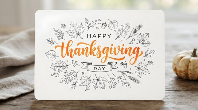 Happy thanksgiving day card with sketch leaves isolated on white background
