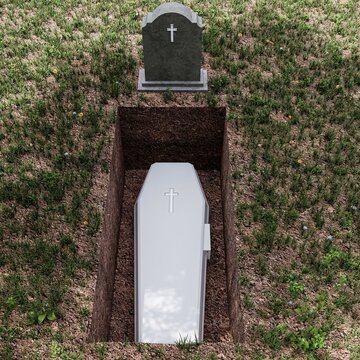 Wooden Coffin Buried in an Open Grave Beneath a Tombstone