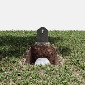 Wooden Coffin Buried in an Open Grave Beneath a Tombstone