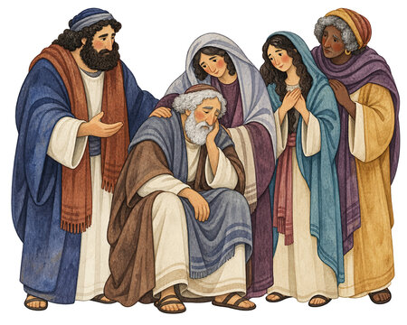 Biblical-era people gathered around a seated elder on transparent background. Ancient Israelite community. Christianity and scripture illustration. Faith, compassion and support concept.