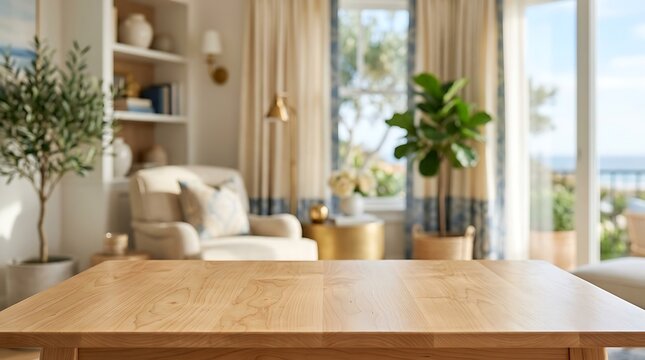 Empty wooden table top with blurred modern living room background for product display mockup in bright home interiors.