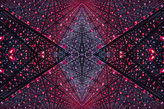 immersive space glowing geometric shapes, lights, and mirrors, geometric shapes floating nearby, abstract cosmic backdrop