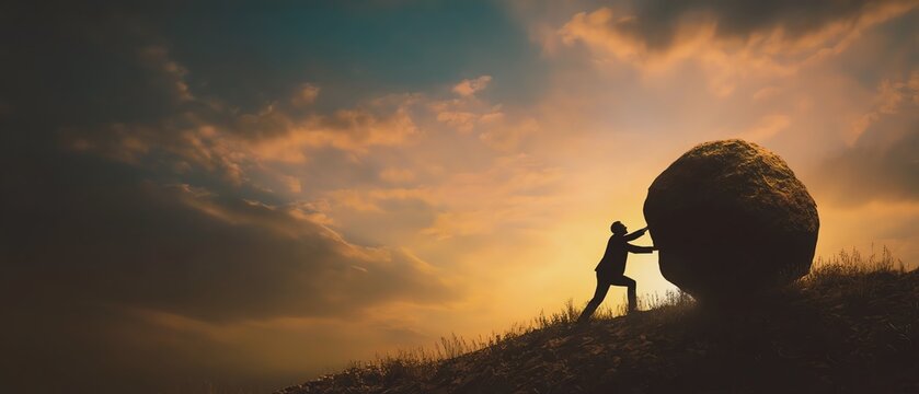 Person pushing boulder against sunset sky.