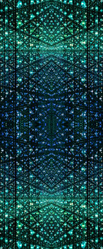 immersive space glowing geometric shapes, lights, and mirrors, geometric shapes floating nearby, abstract cosmic backdrop