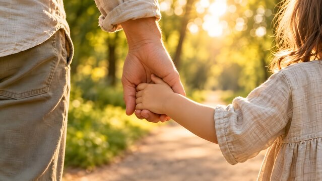 Close-up of a parent and little girl holding hands while walking on a sunny park path with warm golden backlight and soft blurred green trees