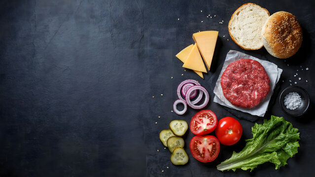 Burger Ingredient Flatlay: A vibrant flat lay showcases fresh ingredients for a classic burger, including a raw beef patty, sliced tomato, crisp lettuce, pickles, red onion rings, cheese slices.