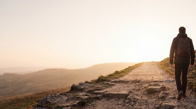 Hiker walking along a scenic mountain trail with a backpack during sunrise or sunset outdoor adventure