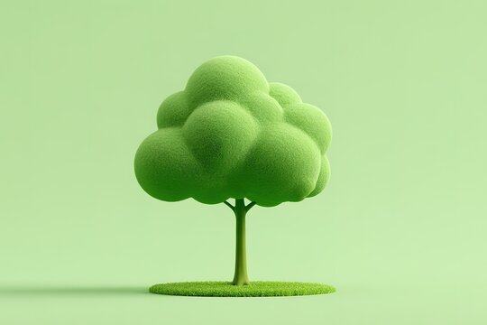 Minimalist green fuzzy tree 3d model isolated on solid background for creative design presentation.