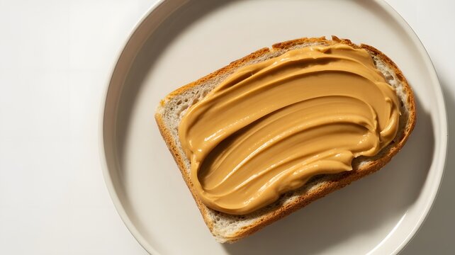 Creamy peanut butter spread smoothly across a slice of golden toasted bread resting on plate