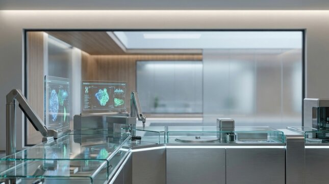 Modern laboratory operations center with intelligent diagnostics infrastructure, connected analytical systems and elegant architectural composition creating generous copy space, ultra realistic, prem