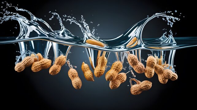 Roasted peanuts plunging into crystal clear splashing water creating dynamic action against dark background