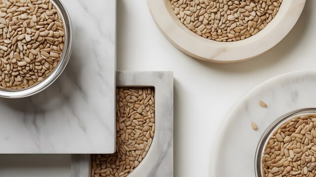 Sunflower seeds arranged in geometric bowls featuring minimalist flat lay photography style and bright lighting