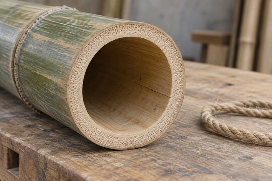 Hollow cut bamboo pole beside natural fiber cord on a workbench