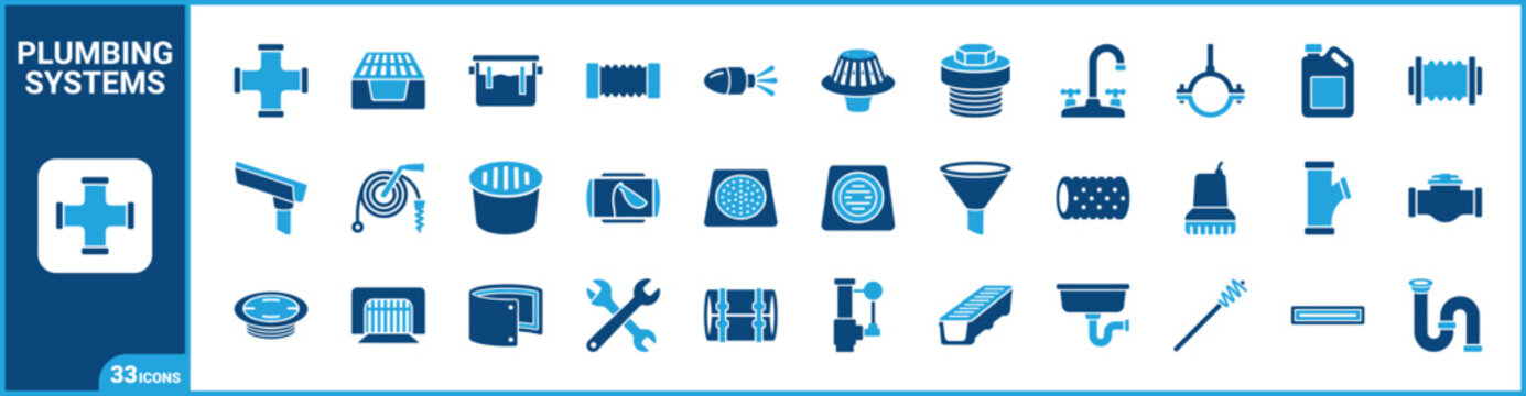 Plumbing drainage systems two-tone icon set. Filled glyph pictograms of sewer, piping, strainer, and wastewater elements, blue duotone illustration.