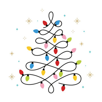 Christmas tree made of colorful glowing string lights with decorative stars Vector