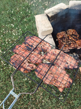 Juicy meat steaks grilling on wire grate over open brick fire pit for outdoor summer barbecue and family picnic concept