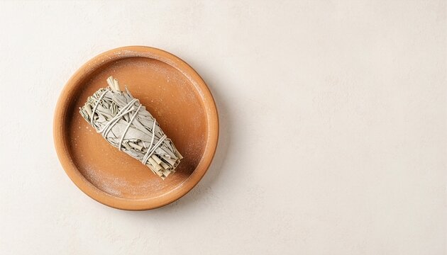 Dried white sage smudge bundle in terracotta dish with clean copy space
