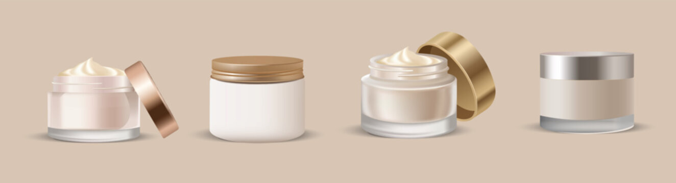 A premium set of four realistic cosmetic cream jars, featuring both open and closed containers with elegant gold and silver lids,  showcasing skincare, moisturizer, or beauty product branding, Vector