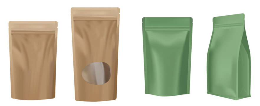 Vector collection of four blank stand-up pouches in natural brown kraft paper and matte green textures, 