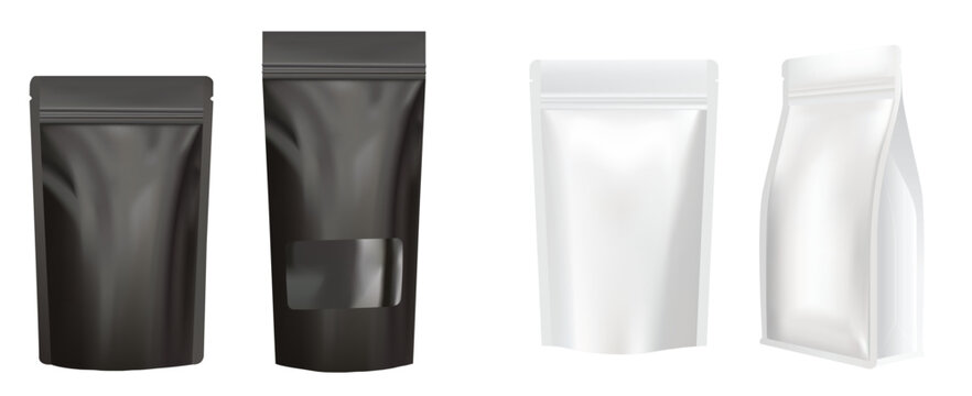 A versatile collection of four blank stand-up pouches in matte black and clean white finishes, featuring various front and side angles, Vector