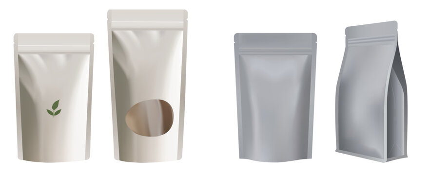 Set of four blank, Vector realistic stand-up pouches in white and metallic silver finishes,  for versatile product branding and packaging design displays.