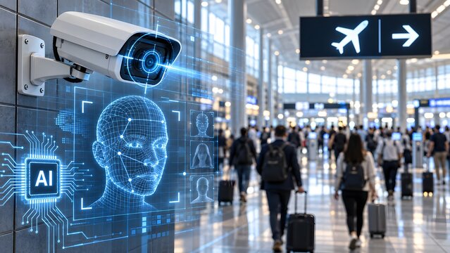 Security camera with AI facial recognition hologram scanning face in crowded airport terminal with travelers and luggage, symbolizing biometric surveillance technology
