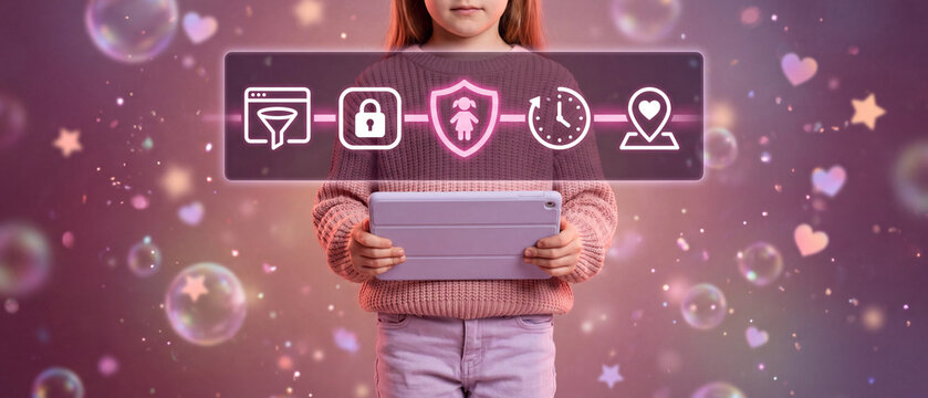 A girl is holding a tablet with parental control mode enabled. The concept covers online child safety, filtering of apps, websites, and emails, as well as screen time limits, safe search, and geolocat