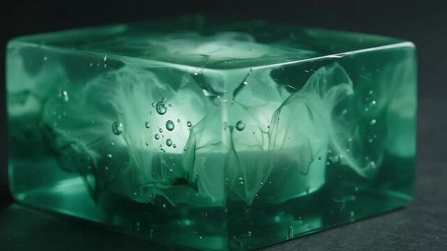 Translucent green resin cube enclosing glowing white smoke on dark surface