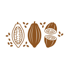 Obraz premium Whole and sliced cacao pods with cocoa beans in a simple flat illustration style Vector