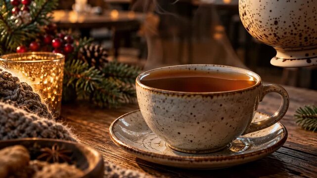 Hot tea being poured into a ceramic cup in a cozy cafe with candlelight, warm festive decorations and relaxing autumn winter atmosphere