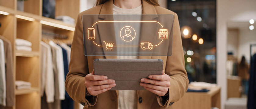 The brand manager is holding a tablet displaying icons representing the customer journey, omnichannel strategy, and sales funnel.