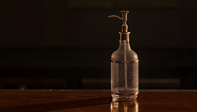 A sharp, simple lifestyle photograph of a classic vintage wire-mesh covered glass soda siphon bottle