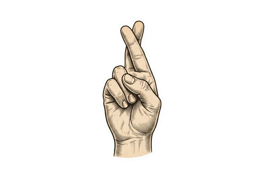 Vintage engraved human hand with crossed index and middle fingers making a wish. Good luck hope superstitious gesture and optimism concept. Isolated on transparent background.
