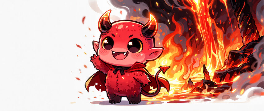 A cute chibi cartoon illustration of a smiling devil, flaming hell in the background - Halloween design