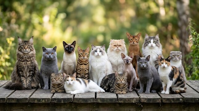 Group of diverse domestic cats sitting together outdoors on wooden planks
