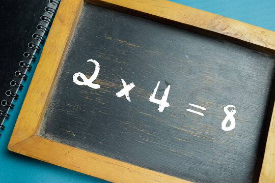 Chalkboard with phrase simple 2x4=8 math equation on wooden desk. For basic multiplication and primary school education