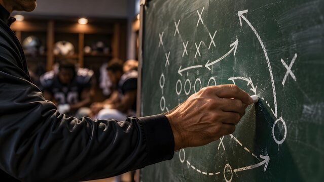 Coach Drawing Game Play Strategy with X and O Diagram on Chalkboard in Locker Room, Football Team Tactics Briefing with Players in Background