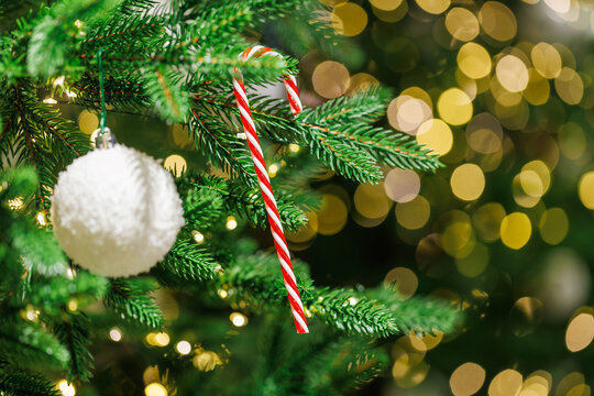 Christmas tree decorations with candy cane and festive lights
